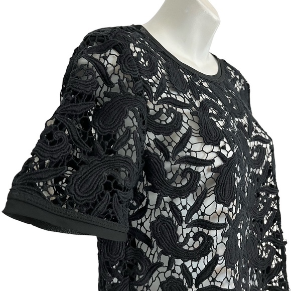 Ann Taylor LOFT Black Paisley Crochet Short Sleeve Sheer Top Blouse Shirt sz M - Picture 10 of 16
